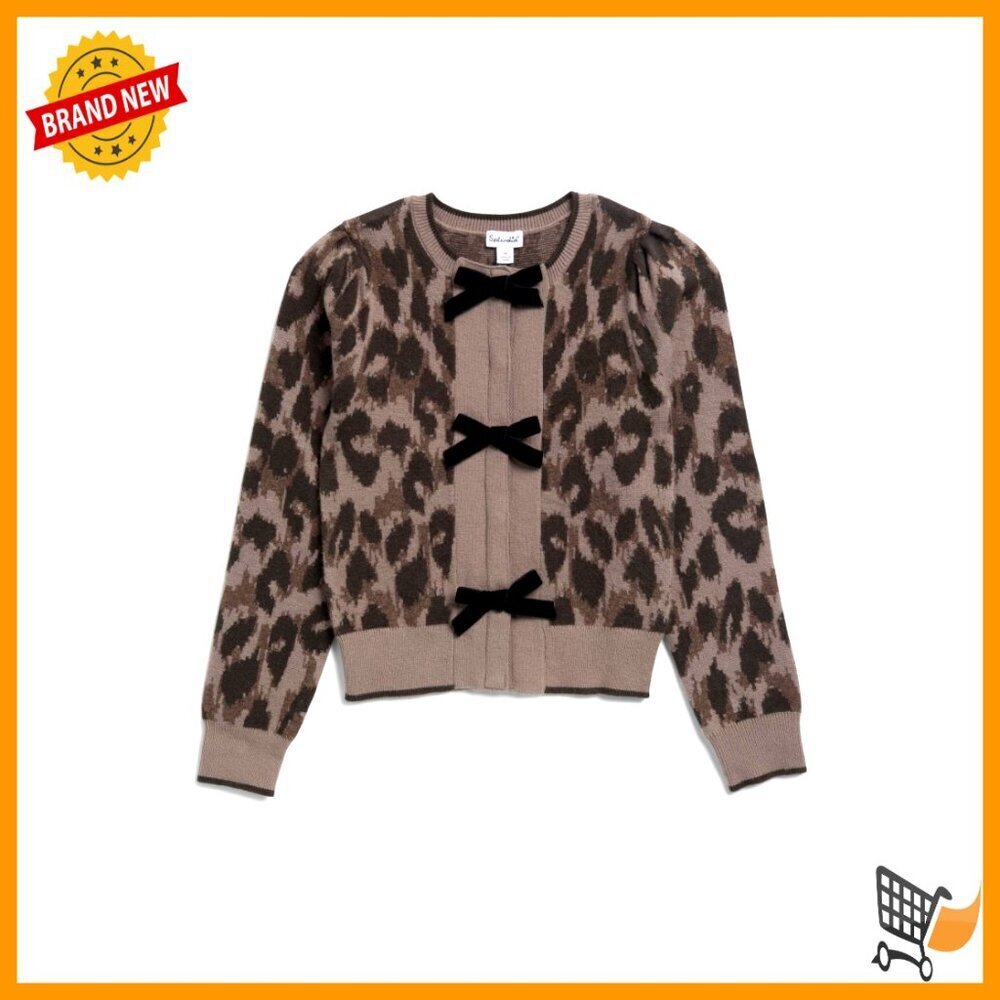Leopard Print Cardigan with Velvet Bow Accents Soft Knit Chic Preppy Style